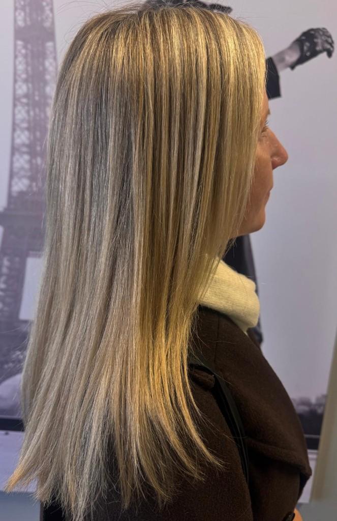 Lived in blonde with curtain bangs